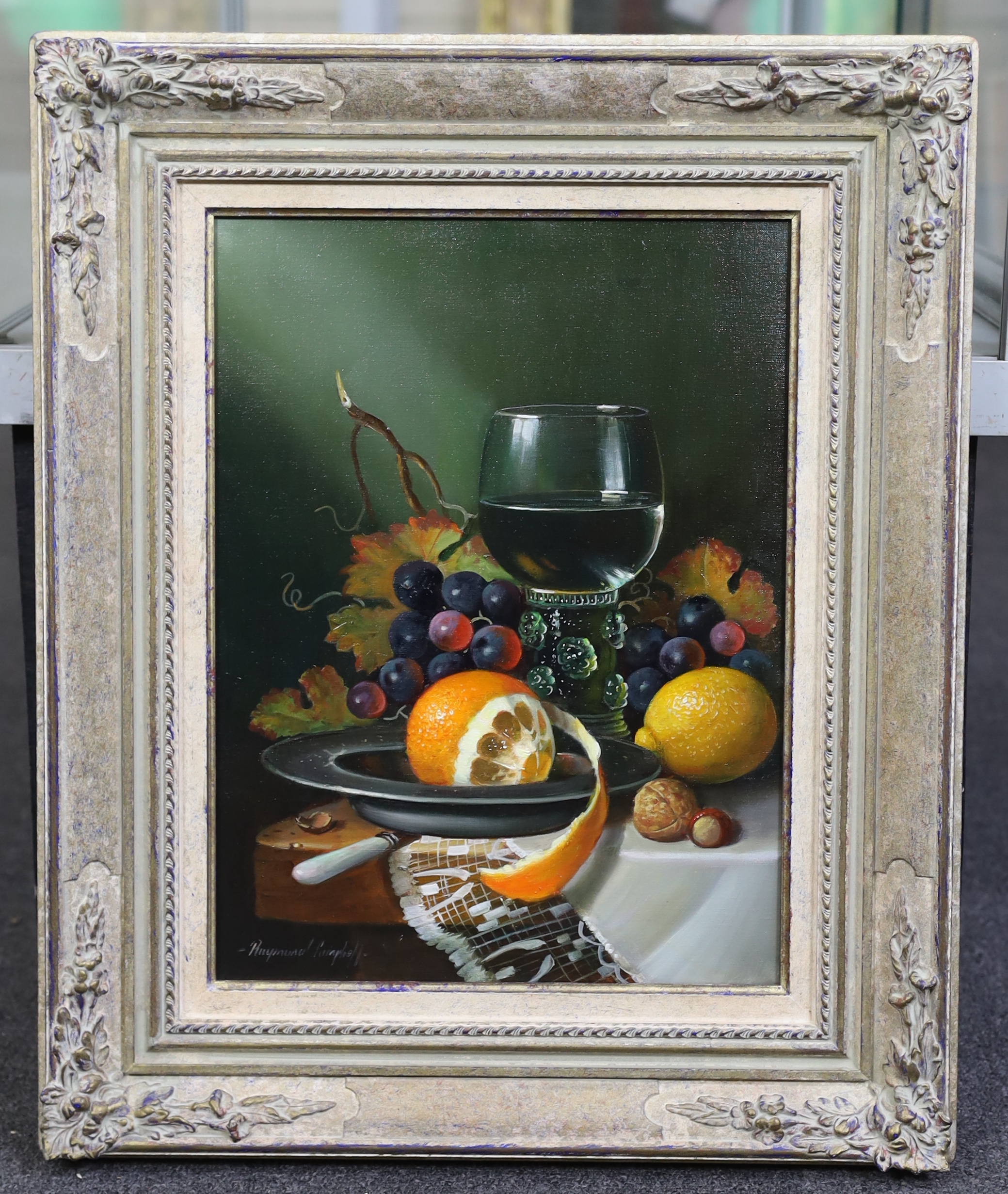Raymond Campbell (English, b.1956), Still life of a green glass roemer and fruit upon a table top, oil on canvas, 40 x 30cm